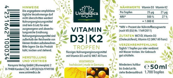 Vitamin D3 + K2 Tropfen 50ml - Premium: 99,7+% All-Trans vegan